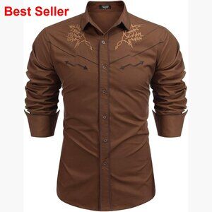 Men's Slim Fit Cotton Western Embroidered Button Down Shirt
